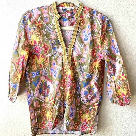 Zara Tops - Zara Womens Boho Henley multicolor Blouse Top Size XS
